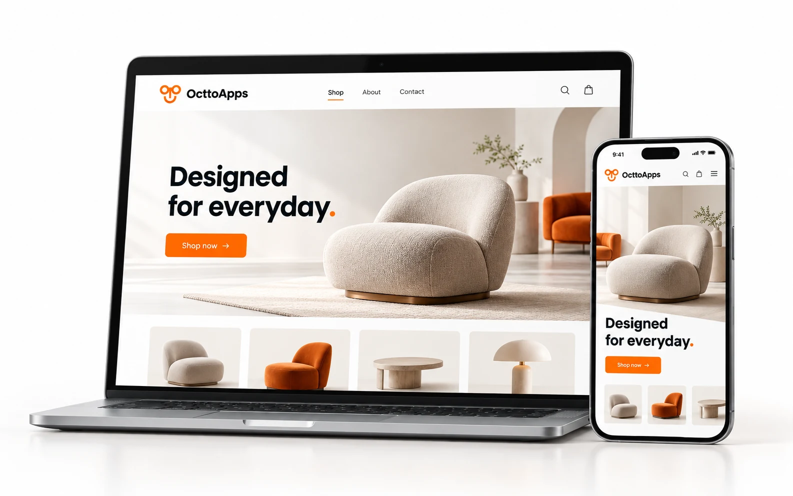 Websites: a furniture storefront built by OcttoApps shown on a laptop and a phone
