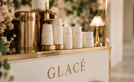 GLACÉ counter with branded cups and a lamp
