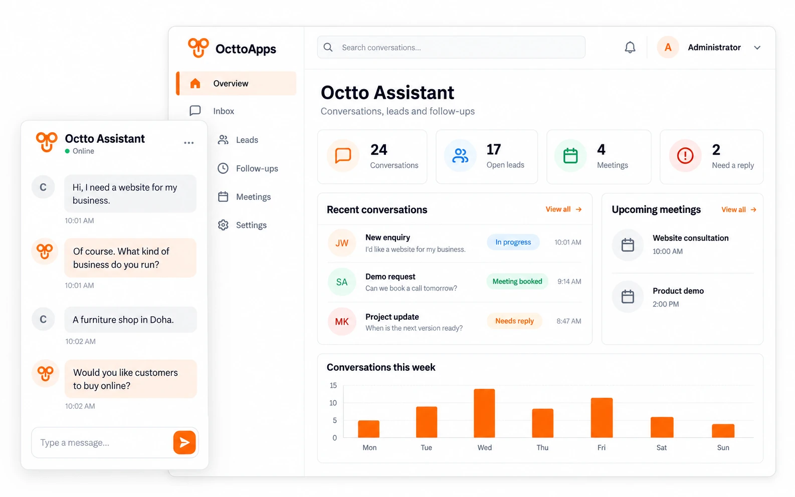Octto Assistant: the overview dashboard with conversations, open leads, meetings and the week's activity, and a customer chat where the assistant asks about their business