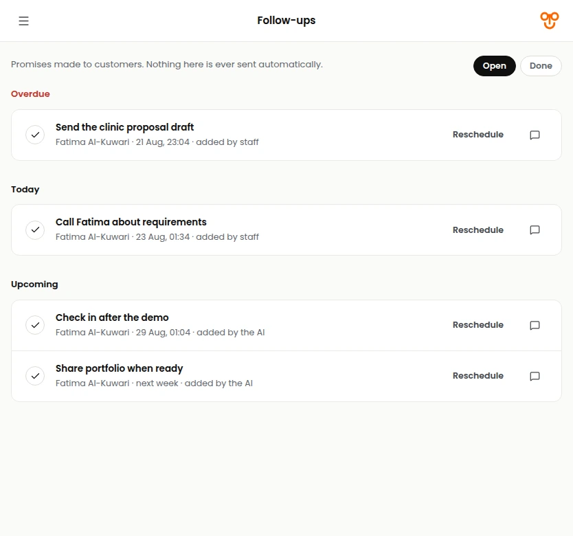 Follow-up queue: overdue, today and upcoming promises to customers