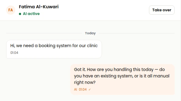 A WhatsApp enquiry answered by the assistant in the shared inbox, with a take-over button for the team